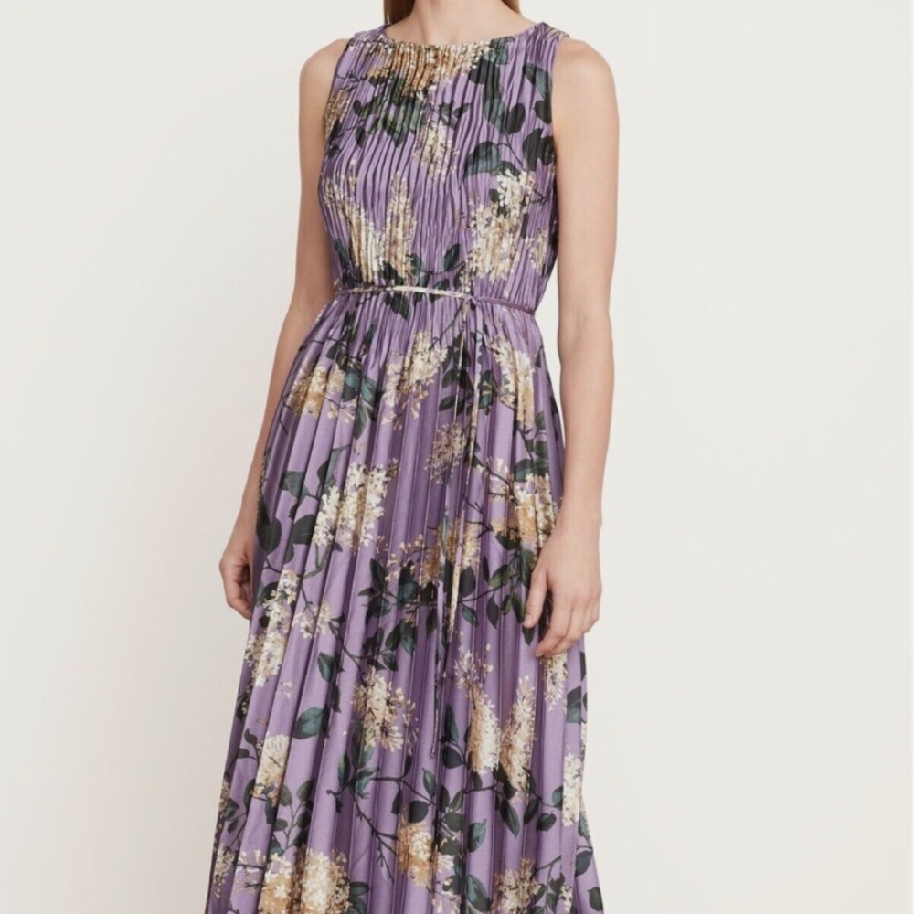 Vince lilac purple plisse floral sleeveless pleated midi dress NWT